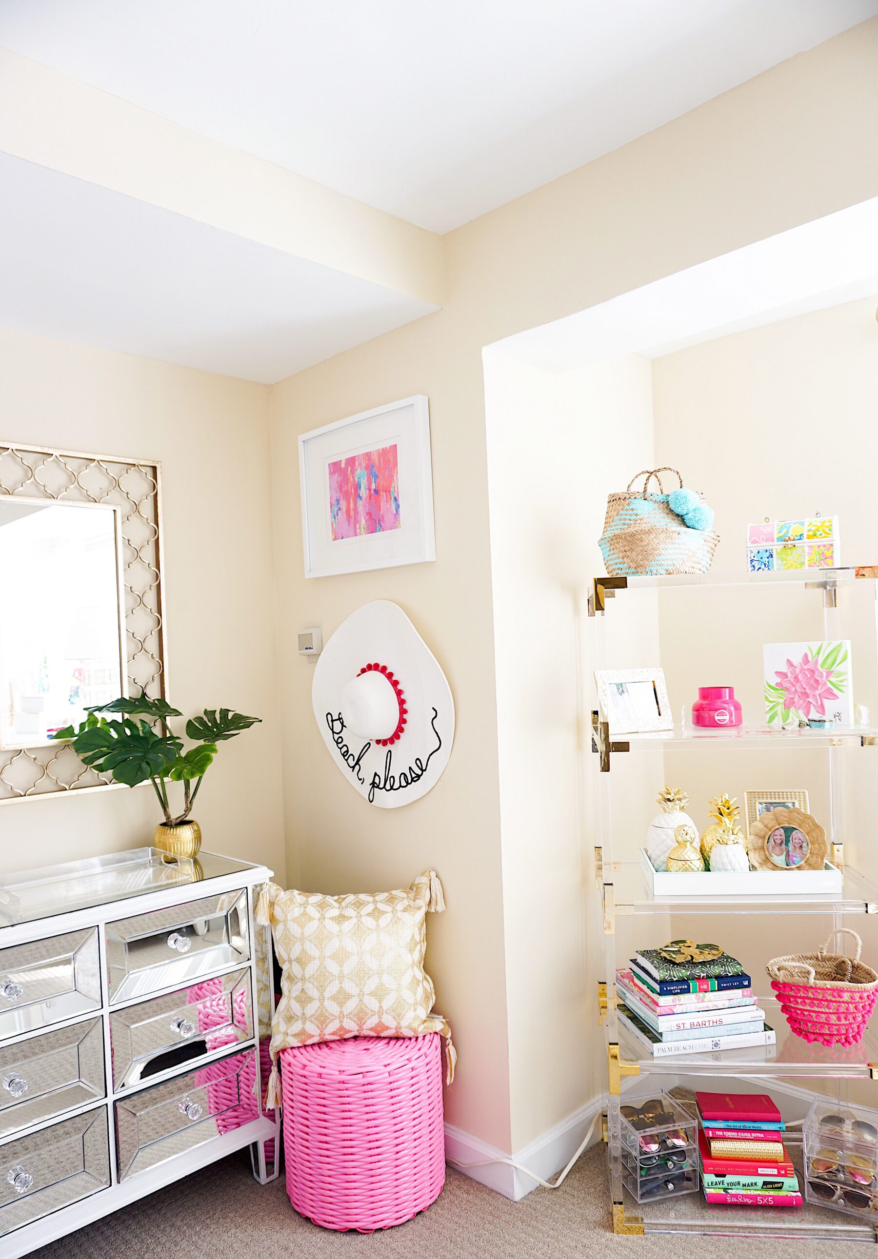 Pink and gold apartment décor with Annie Selke's Pine Cone Hill