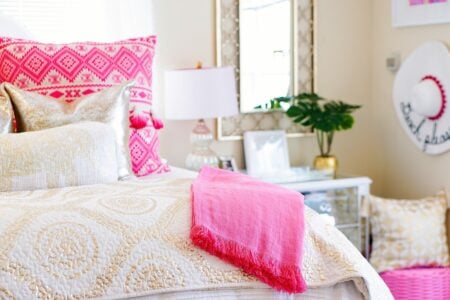 Pink and gold apartment décor with Annie Selke's Pine Cone Hill