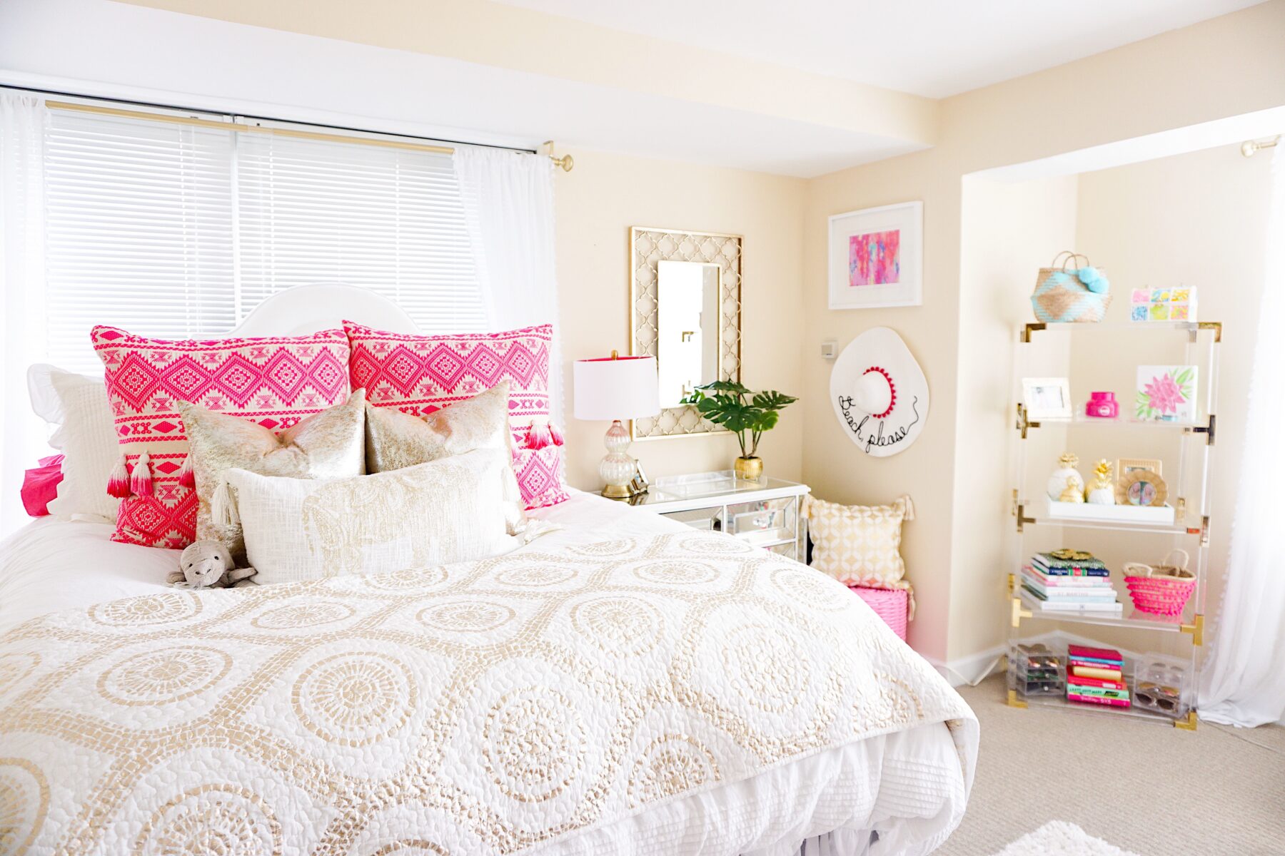 Pink and gold apartment décor with Annie Selke's Pine Cone Hill
