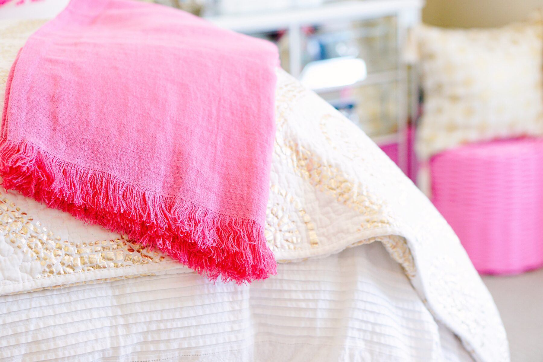 Pink and gold apartment décor with Annie Selke's Pine Cone Hill