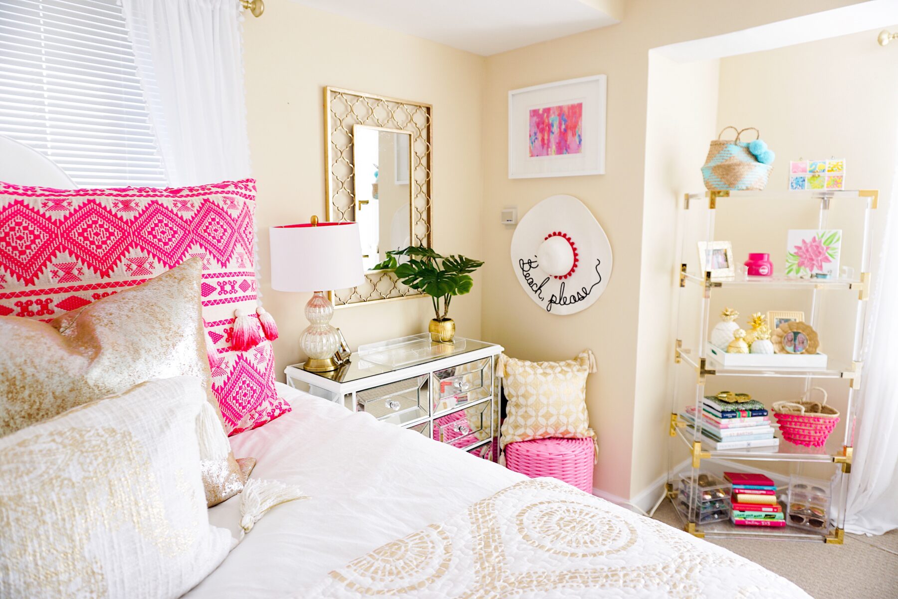 Pink and gold apartment décor with Annie Selke's Pine Cone Hill