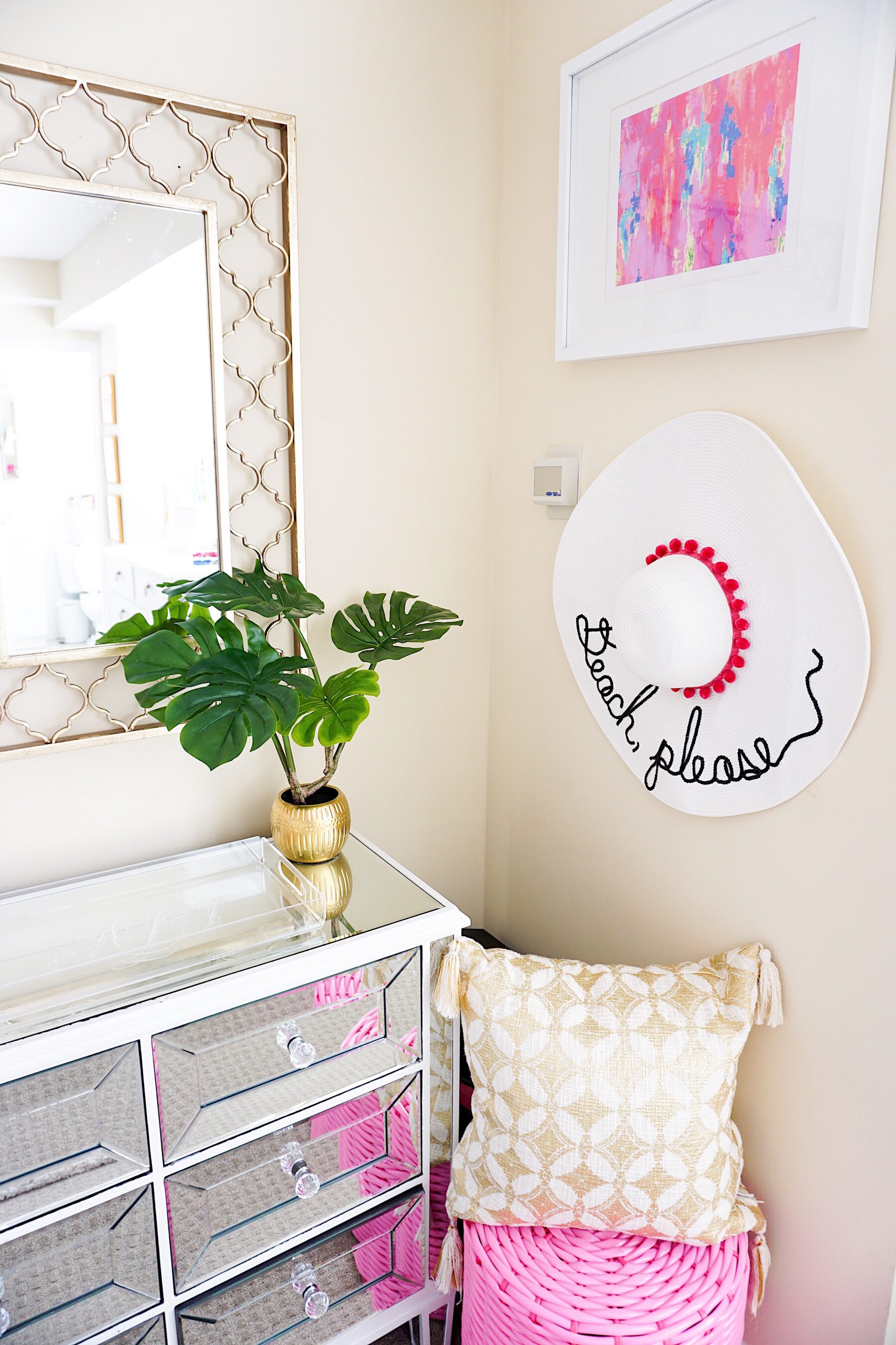Pink and gold apartment décor with Annie Selke's Pine Cone Hill