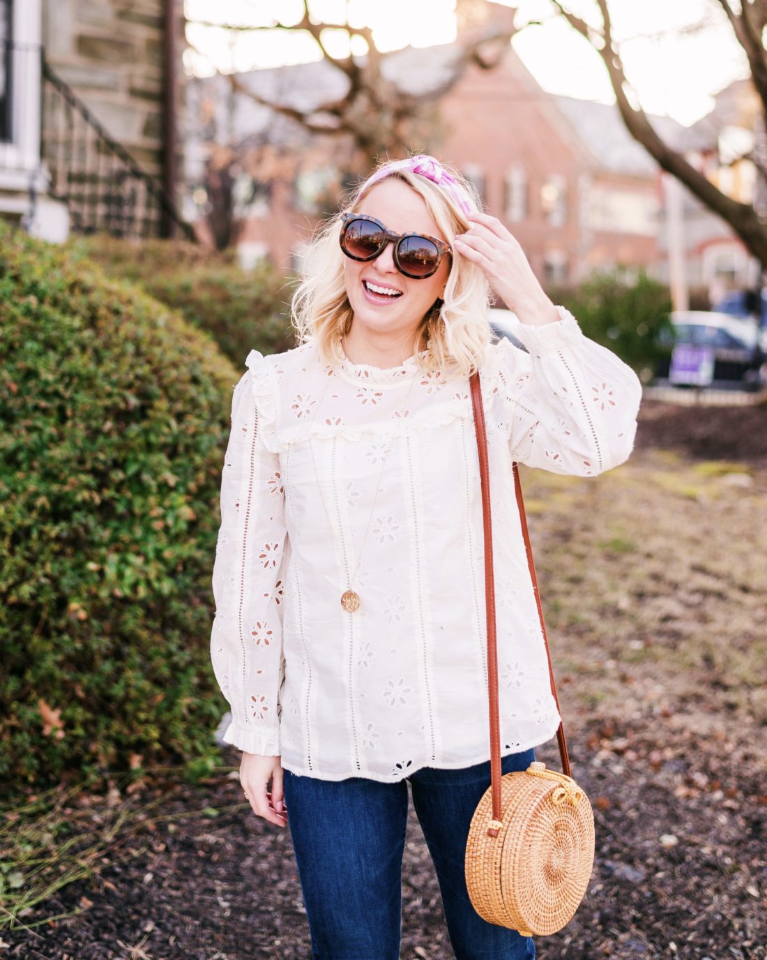 J. Crew eyelet top and gingham headband with rattan bag
