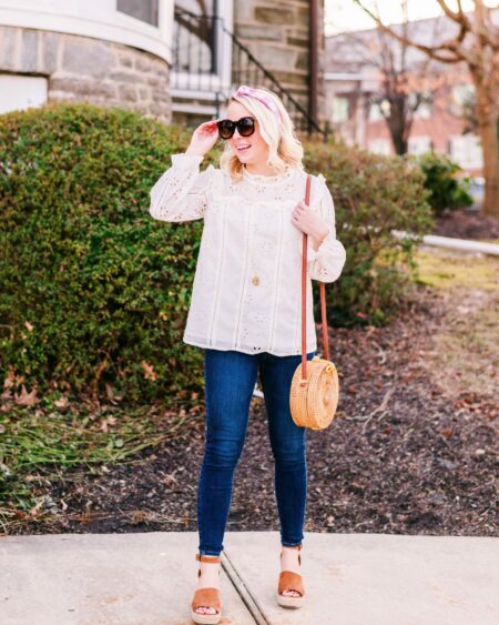 J. Crew eyelet top and gingham headband with rattan bag
