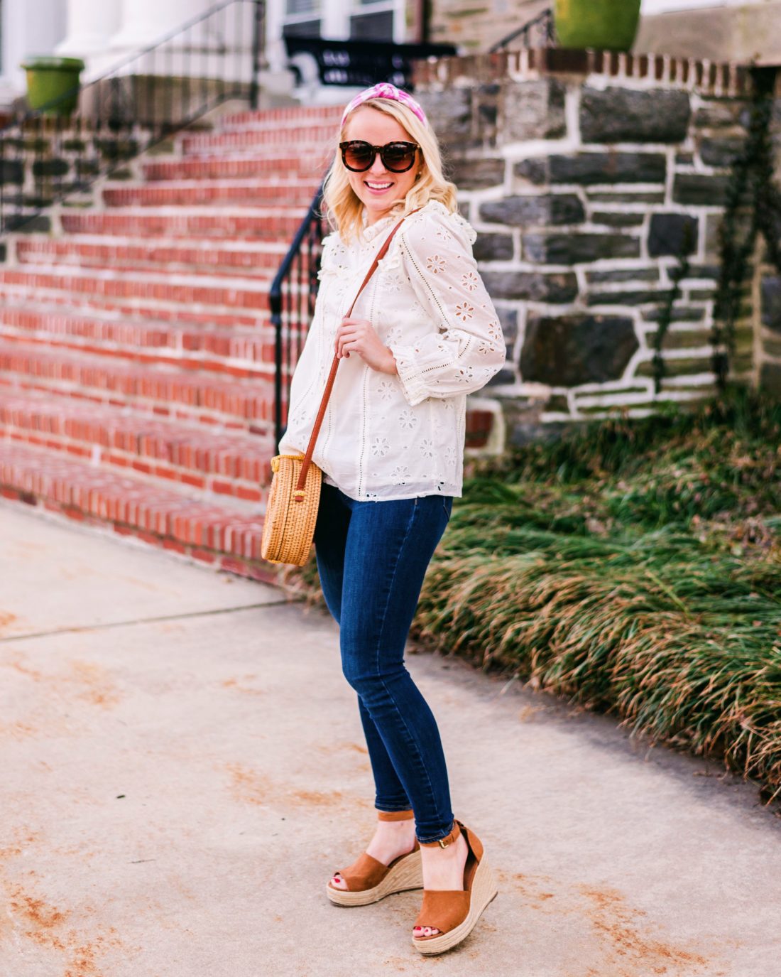 J. Crew eyelet top and gingham headband with rattan bag