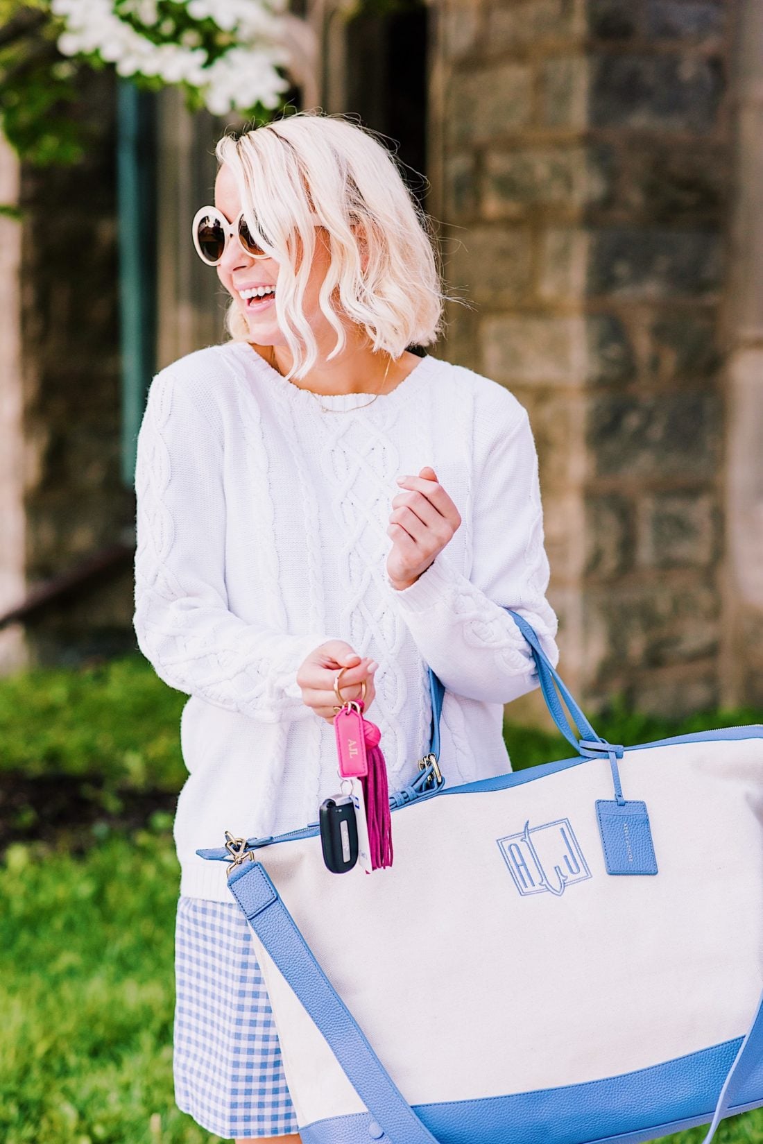 Memorial Day Weekend sales in a gingham dress and monogrammed weekender bag