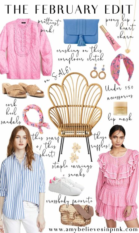 The February Edit, Spring 2020 style roundup with peony pink and cornflower blue and a rattan chair