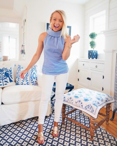 Sail to Sable blue and white gingham cowl neck top