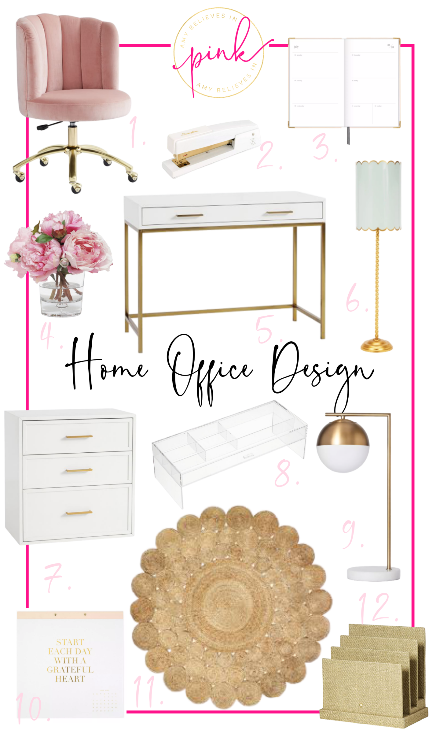 Chic white, blush, and gold home office decor