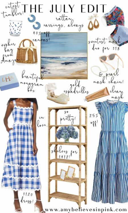 July blue and white buffalo check dress and rattan decor